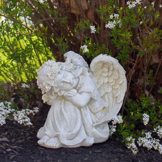 8.5" Ivory Resting Angel with Floral Crown Outdoor Garden Statue {3}
