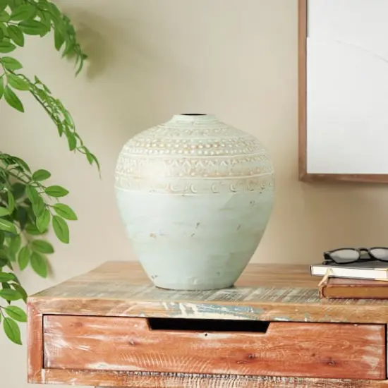 11.75" Green Antique-Style Wide Rounded Ceramic Vase with Geometric Carvings {3}