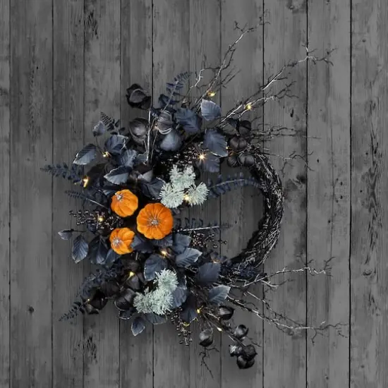 20" Halloween Pumpkin & Flower Pre-Lit LED Wreath {3}