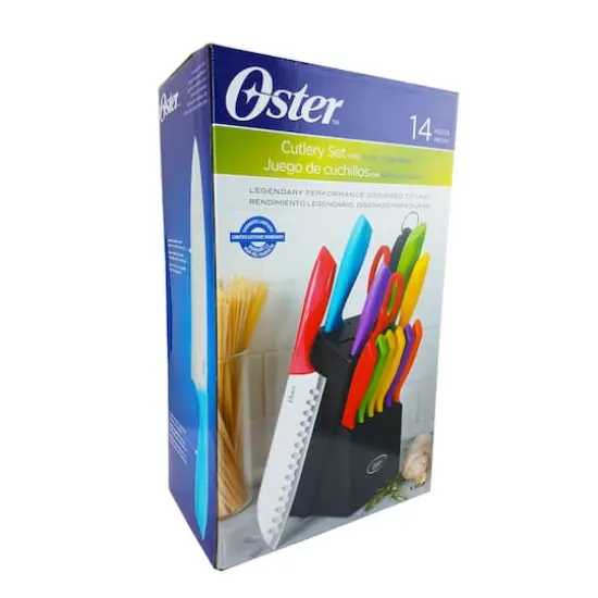 Oster 14 Piece Stainless Steel Assorted Color Cutlery Knife Set with Wood Storage Block {4}