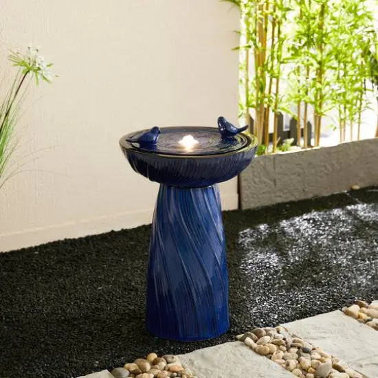 Glitzhome&reg; 24.75" LED Cobalt Blue Twist Ceramic Birdbath Outdoor Floor Fountain {9}