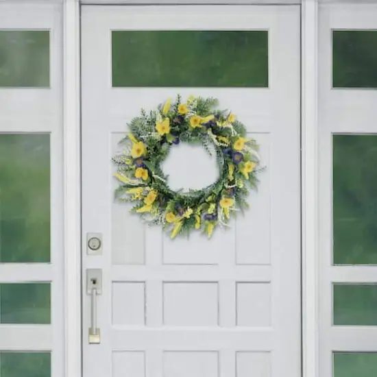 30" Yellow & Purple Poppy & Fern Floral Spring Wreath {4}