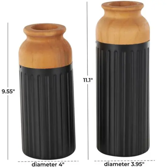 Black Metal Color Block Decorative Vase with Rounded Linear Grooves & Brown Wood Tops, 2ct. {8}