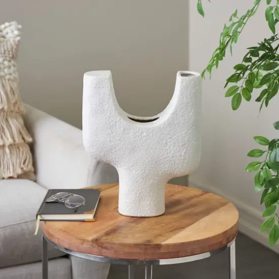 14" Speckled White Abstract Curved Ceramic Vase with Dual Openings {3}