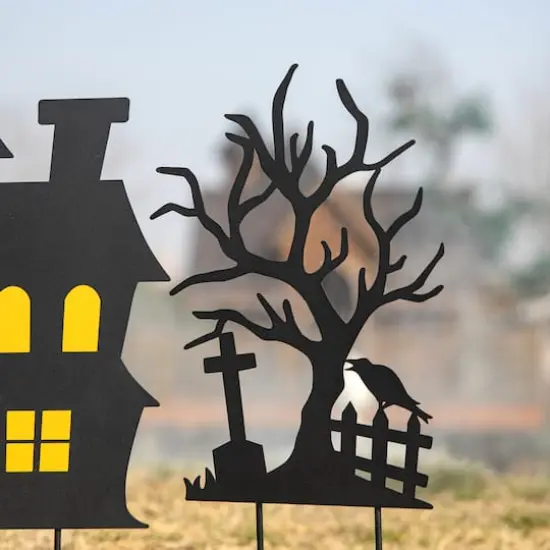 Glitzhome&reg; 2ft. Halloween Metal Silhouette Haunted House and Ghost Tree Yard Stake Set {8}
