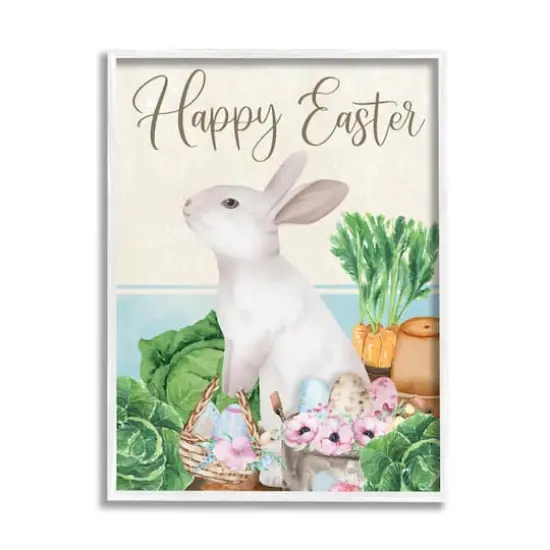 Stupell Industries Happy Easter Bunny Rabbit Greens Eggs Basket Framed Giclee Art White {1}