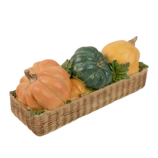 15" Faux Rattan Basket with Pumpkins Thanksgiving Tabletop Decoration {3}