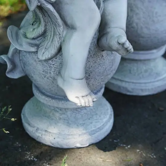 14.75" Gray Cherub Angels with Violin & Harp Sitting on Finials Outdoor Garden Statues {5}