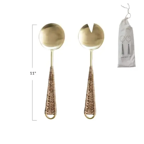Hello Honey&reg; Rattan Wrapped Stainless Steel Salad Server Utensil Set {5}