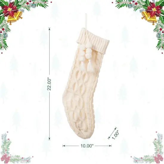Glitzhome&reg; 22"L White Knitted Christmas Stocking with Pom-Pom Tassel {8}