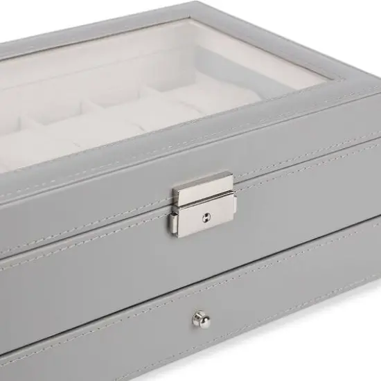NEX&trade; Gray Double Layer Leather Watch Box with Glass Top {5}