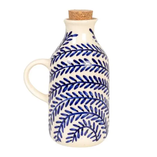 Hello Honey 8 oz. Hand-Painted Stoneware Oil Cruet with Design and Cork Stopper, Cream Color and Blue {11}