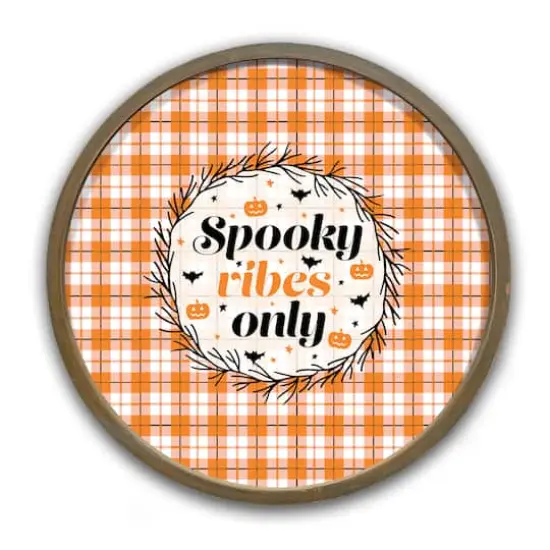 20" Spooky Vibes Only Halloween Plaid Round Framed Print Brown Frame {1}