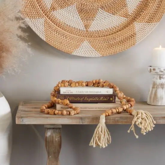 80" Geometric Wood Bead Garland with Tassels Brown {3}