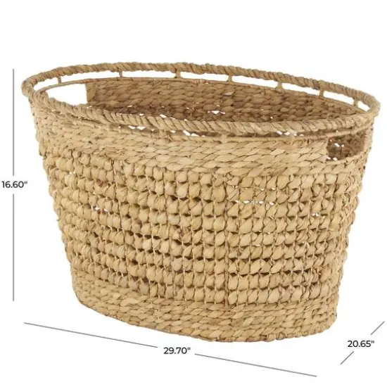 30" Brown Seagrass Handmade Woven Oval Storage Basket with Elevated Rim & Slot Handles {8}