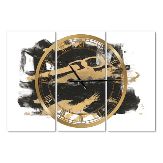 Designart 'Gold And Black Drift I Modern Multipanel Wall Clock {1}
