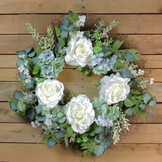 24" White & Blue Peony, Geranium & Eucalyptus Artificial Twig Spring Wreath {4}