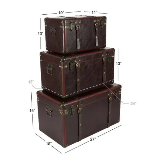 Set of 3" Brown Leather Traditional Trunk, 19", 24", 27" {10}