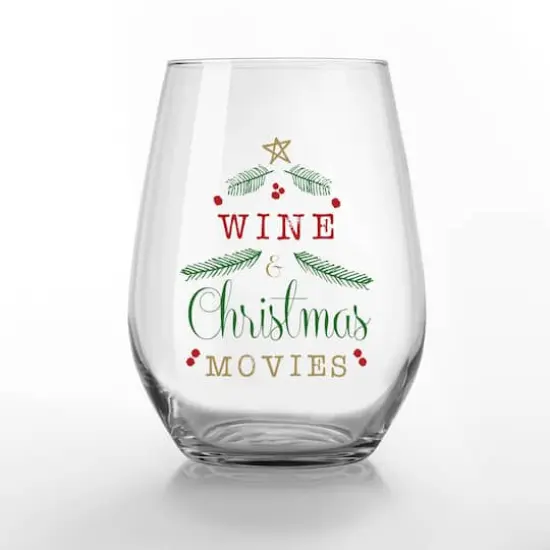 15oz. Wine & Christmas Movies Printed Stemless Wine Glass {1}