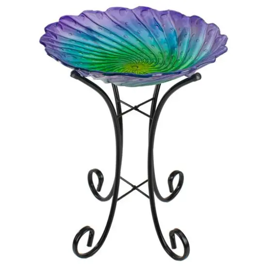 18" Purple & Green Swirled Hand Painted Glass Outdoor Birdbath {1}