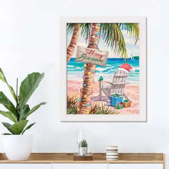 22" Merry Beachmas Christmas White Framed Wall Canvas {3}