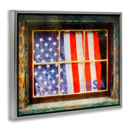 Stupell Industries Patriotic American Flag Rustic Window Festive Home Floater Framed Art Gray {4}
