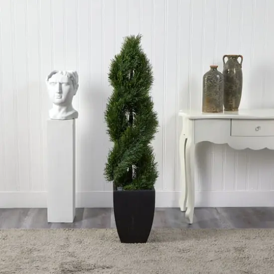 5ft. UV Resistant Double Pond Cypress Spiral Topiary Artificial Tree in Black Wash Planter {5}