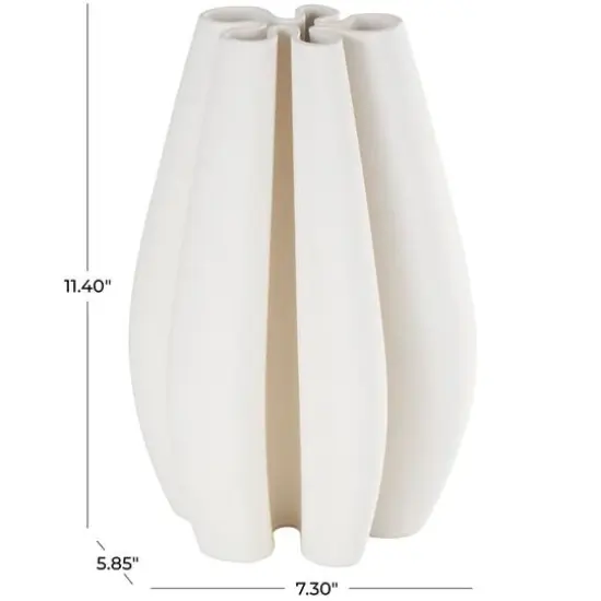 White Ceramic Abstract Ribbed Dimensional Concaved Vase with Floral Shaped Rim {8}