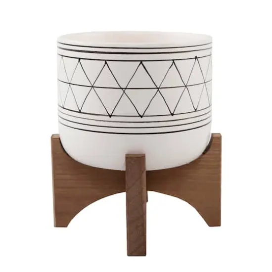 Flora Bunda 5" White & Black Geo Planter With Wood Stand {1}