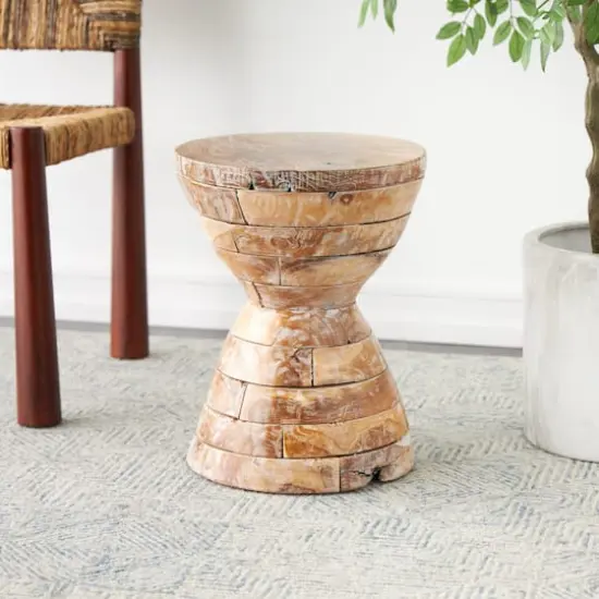 18.5" Brown Teak Wood Handmade Hourglass Accent Table with Stacked Wood Pieces {3}