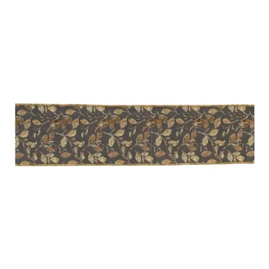 4" x 5yd. Gray & Gold Wired Leaf Print Ribbon {3}