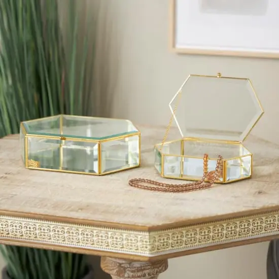 Clear & Gold Beveled Glass & Metal Wide Hexagon Jewelry Box with Chain Accent Set {3}