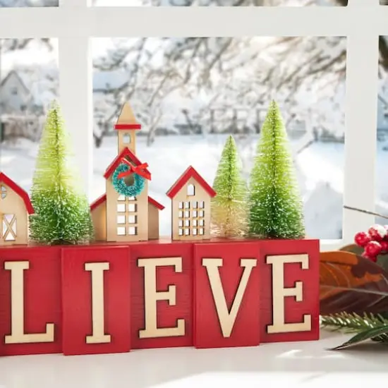 Glitzhome&reg; 14" Christmas Believe House & Brush Trees Table D&eacute;cor {7}