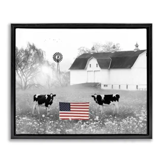 Stupell Industries Americana Barn Country Cows Flag Floater Framed Art Black {1}