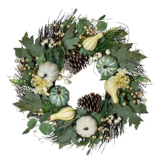 22" Green & White Pumpkins & Berries Fall Harvest Wreath {1}