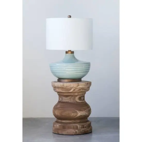 Hello Honey&reg; Striped Aqua Ceramic Table Lamp with White Linen Shade {3}