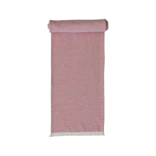 Hello Honey&reg; 108" Red & White Woven Cotton Table Runner with Stripes & Fringe {4}