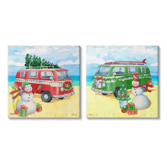 Stupell Industries Coastal Christmas Holiday Beach Snowmen 2 Piece Canvas Wall Art Set {1}