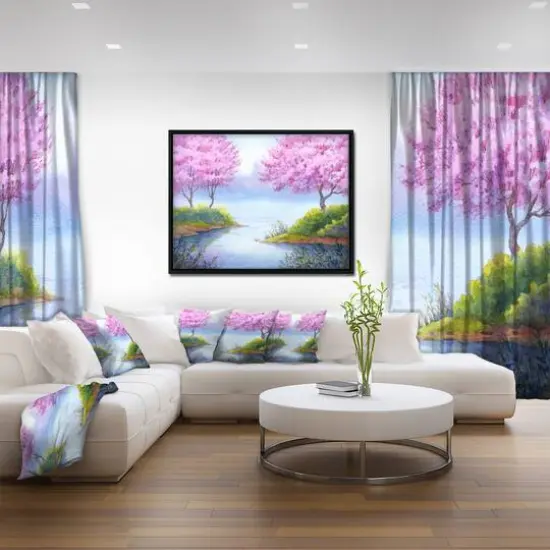 Designart - Flowering Trees Over Lake - Landscape Art Print Canvas in Black Frame {4}