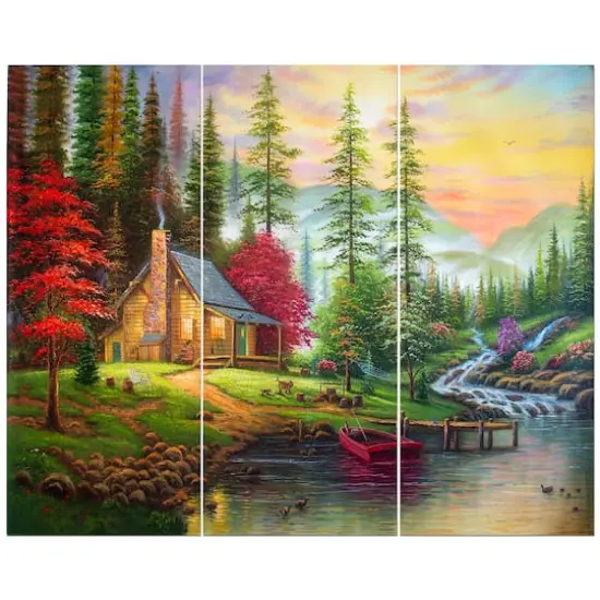 Designart - House in the forest - Landscapes Painting Print on Wrapped Canvas set {1}