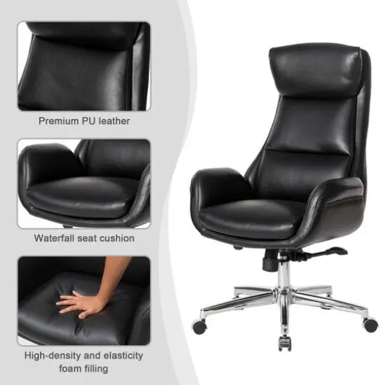 Glitzhome&reg; Mid-Century Modern Faux Leather Adjustable High Back Swivel Office Chair Black {8}