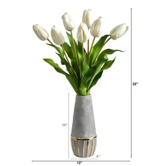 22" White Dutch Tulip Arrangement in Gold Trim Stoneware Vase {3}