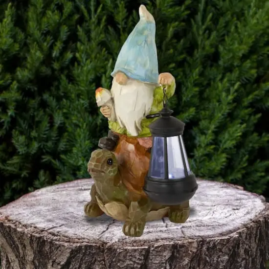 12.5" Solar LED-Lit Gnome & Turtle Outdoor Garden Statue {3}
