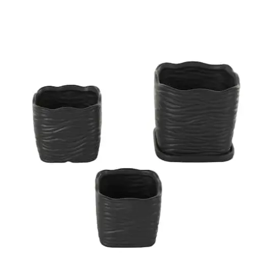 Black Wavy Ribbed Ceramic Planter Set {4}