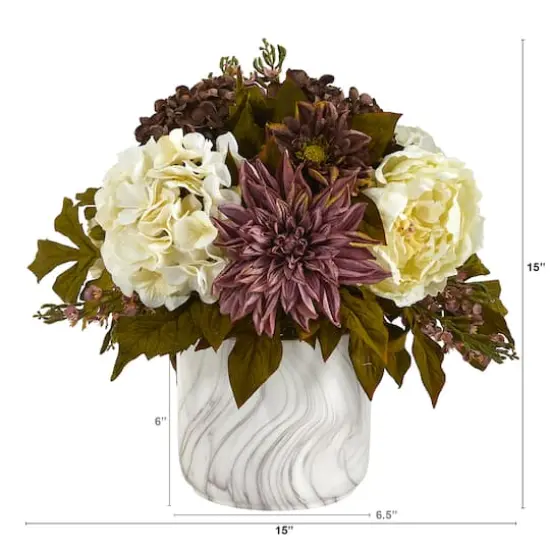 15in. Peony, Hydrangea, Dahlia Arrangement in Marble Finished Vase {3}