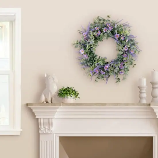 24" Purple Spring Daisy, Lavender & Eucalyptus Floral Wreath {3}
