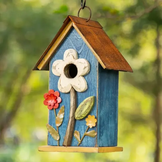 Glitzhome&reg; 10.25" Retro Blue Distressed Flower Birdhouse {3}