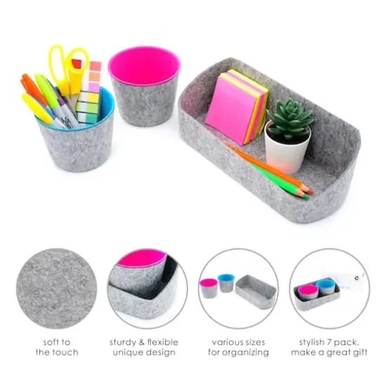 Welaxy Felt 3 Piece Gray Tray with Turquoise & Hot Pink Cups Desktop Organizer Set {3}