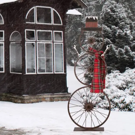 Glitzhome&reg; 34" Metal Bike Wheel Snowman with Plaid Scarf Porch D&eacute;cor {3}