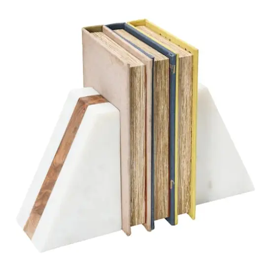 Hello Honey&reg; 6" White Marble Geometric Bookends with Wood Inlay {4}